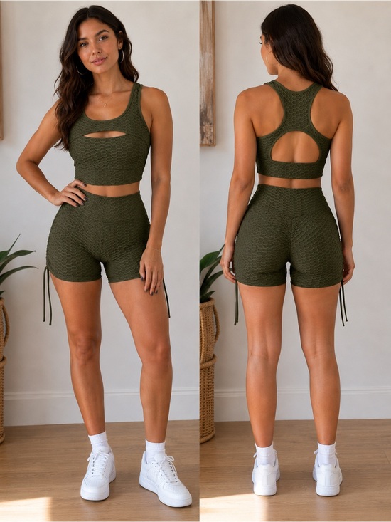 Pants - Olive Green Textured Cutout Sports Set